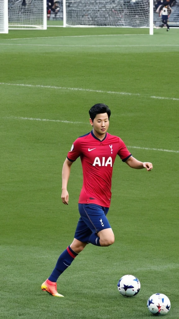 {{{Tottenham Hotspur Logo}}}, {{{The name of the uniform sponsor is AIA in red.}}}, night, light, {{white nike soccer jersey}}, {{{best quality}}}, {{{realistic}}}, Detailed facial description, realistic 눈동자, Handsome man, realistic 유니폼 주름, {{{Son Heung-min}}}, soccer field