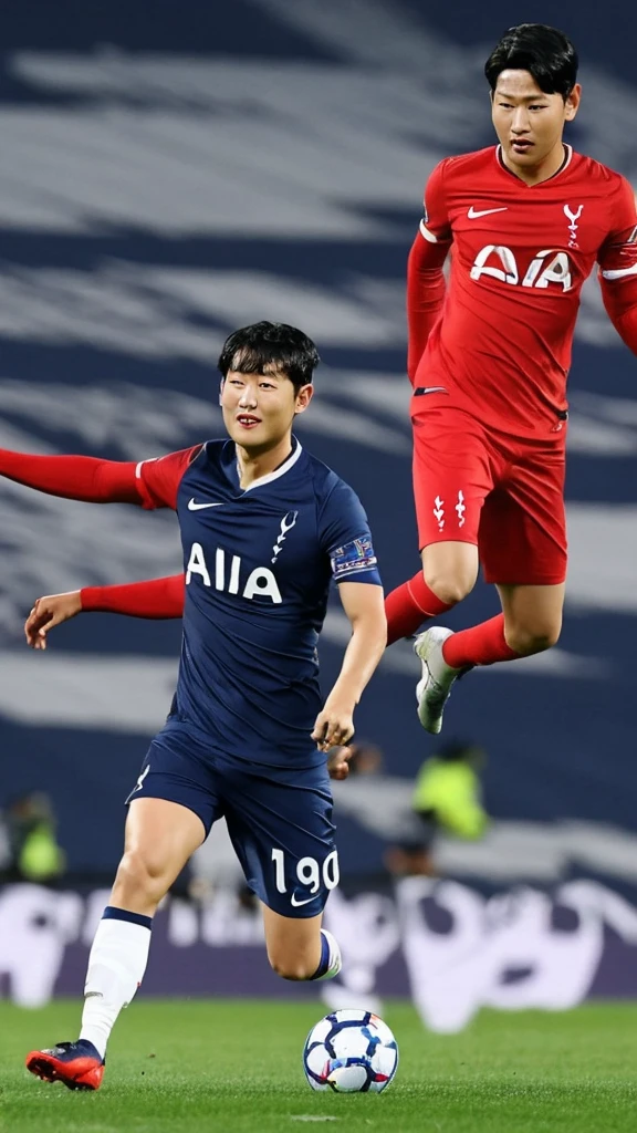 {{{Tottenham Hotspur Logo}}}, {{{The name of the uniform sponsor is AIA in red.}}}, night, light, {{white nike soccer jersey}}, {{{best quality}}}, {{{realistic}}}, Detailed facial description, realistic 눈동자, Handsome man, realistic 유니폼 주름, {{{Son Heung-min}}}, soccer field