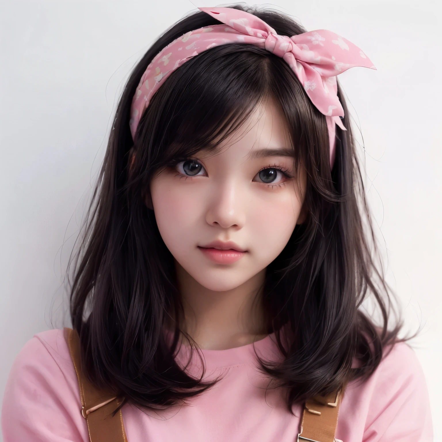 a close up of a woman with a pink shirt and a pink headband, kawaii realistic portrait, anime thai girl, anime girl in real life, realistic cute girl painting, kawaii hairstyle, realistic young anime girl, black hime cut hair, young and cute girl, shoulder length black hair, cute kawaii girl, shoulder-length black hair, cute natural anime face