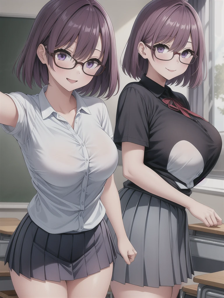 1girl, cowboy shot, classroom, smile, glasses, 
nitengojigen_ririsa, purple eyes, purple hair, short hair, bangs, lace underwear, short sleeves, Show your breasts,sex, pleated skirt, best quality, masterpiece, highres, sleep position,