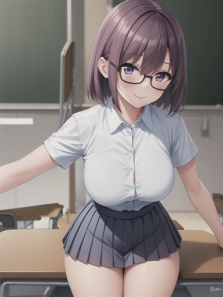 1girl, cowboy shot, classroom, smile, glasses, 
nitengojigen_ririsa, purple eyes, purple hair, short hair, bangs, lace underwear, short sleeves, Show your breasts,sex, pleated skirt, best quality, masterpiece, highres, sleep position,