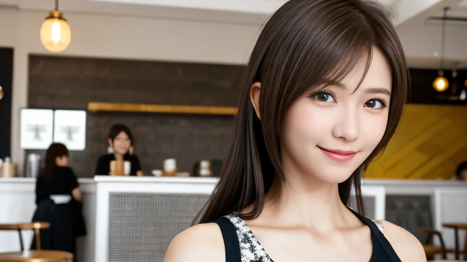 super high quality, Slenderのネックレス, Slender, The staff is working at the counter in the back., (8k、RAW Photos、Highest quality、masterpiece:1.2), Japanese Idol, Stylish café, Fashion magazine photoshoot, (Realistic、Photorealistic:1.37), Urban Cafe, Golden Ratio, Raw photo, Cute face , Light Brown Hair, Small breasts, Bright cafe interior, Blurred Background, Summer clothes, Cafe Terrace, Open Cafe, Photographed inside the cafe, A kind smile, Hair blowing in the wind, Neat clothes, boyish, Very Short Hair, 18-year-old, younger sister, Stylish clothes, 
