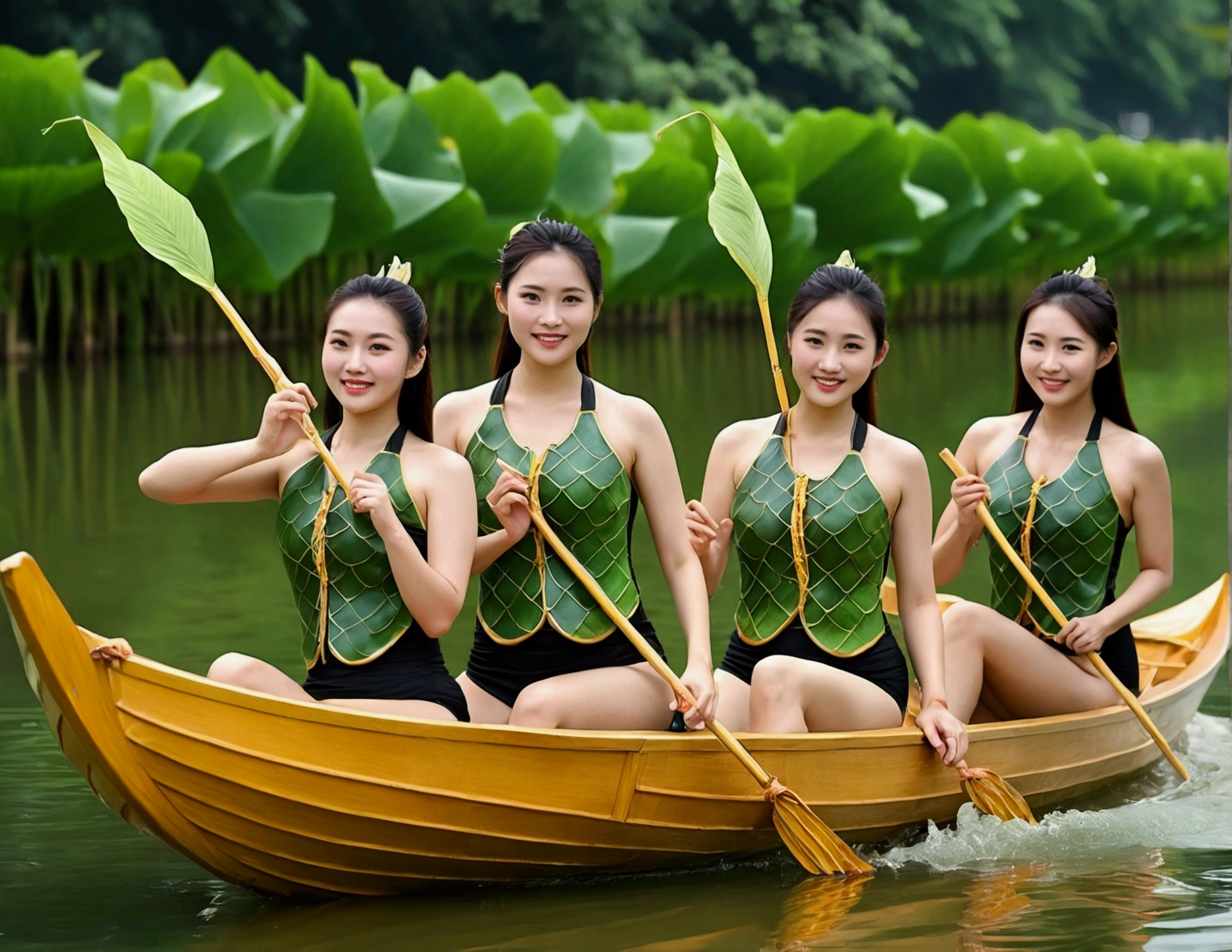 Dragon Boat Festival, on the surface of the water there are 3 busty Chinese women (age 30, golden ratio figure) wearing (revealing tiny tank top, tight bikini bottom labia well defined) paddling on the dragon boat, there are delicious zongzi on the boat, green zongzi are super detailed, the best quality, there are lotus leaves on the water, super detailed
