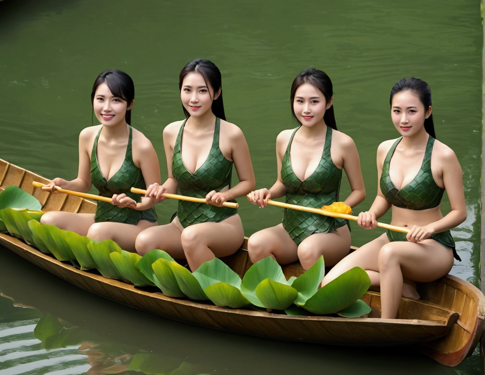 Dragon Boat Festival, on the surface of the water there are 3 busty Chinese women (age 30, golden ratio figure) wearing (revealing tiny tank top, tight bikini bottom labia well defined) paddling on the dragon boat, there are delicious zongzi on the boat, green zongzi are super detailed, the best quality, there are lotus leaves on the water, super detailed
