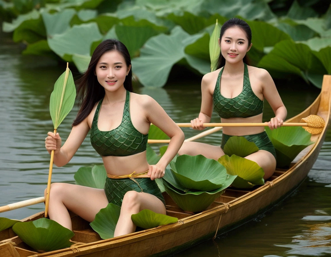 Dragon Boat Festival, on the surface of the water there are 3 busty Chinese women (age 30, golden ratio figure) wearing (revealing tiny tank top, tight bikini bottom labia well defined) paddling on the dragon boat, there are delicious zongzi on the boat, green zongzi are super detailed, the best quality, there are lotus leaves on the water, super detailed
