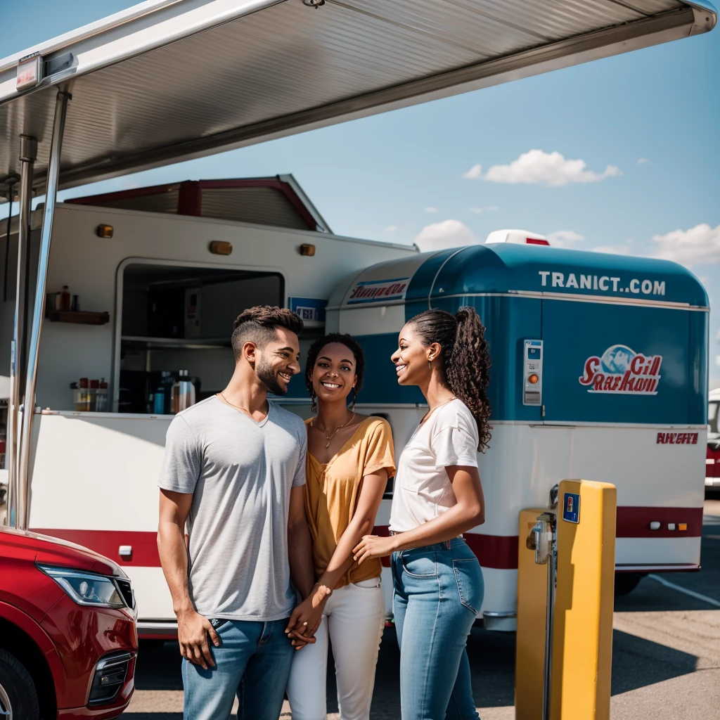 Couple in love looking at their beautiful trailer parked at the gas station 