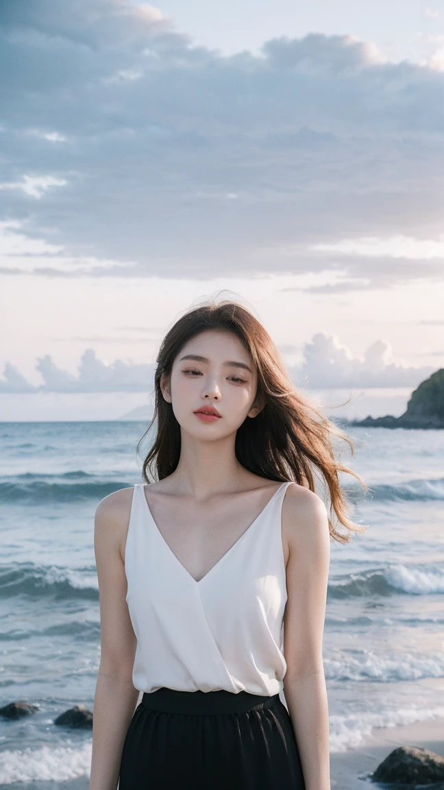 Create a serene portrait of a young woman (facing away from the audience) on a beach. She is wearing a loose-fitting white blouse, paired with a long black skirt. Her eyes are closed, and she has a peaceful expression on her face, enjoying the moment. The background features gentle waves crashing onto the shore under a cloudy sky, creating a tranquil and calming atmosphere. The overall mood of the image is reflective and serene, capturing the essence of relaxation and peace by the sea.