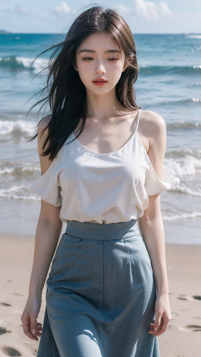 Create a serene portrait of a young woman (facing away from the audience) on a beach. She is wearing a loose-fitting white blouse, paired with a long black skirt. Her eyes are closed, and she has a peaceful expression on her face, enjoying the moment. The background features gentle waves crashing onto the shore under a cloudy sky, creating a tranquil and calming atmosphere. The overall mood of the image is reflective and serene, capturing the essence of relaxation and peace by the sea.
