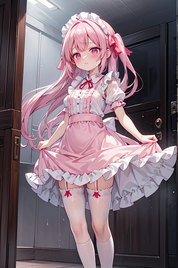 Highest quality、Shiny silk short sleeve puff sleeve pink maid outfit、See-through、Very short skirt、Fluffy red ribbon、A short white ruffled apron、White garter belt with ribbon、Pink high heels with ribbon、Large headband with ribbon、Flushed Cheeks、Embarrassed look、Soaking wet、Strong winds、Overreaching、Facing forward、Looking up from below
