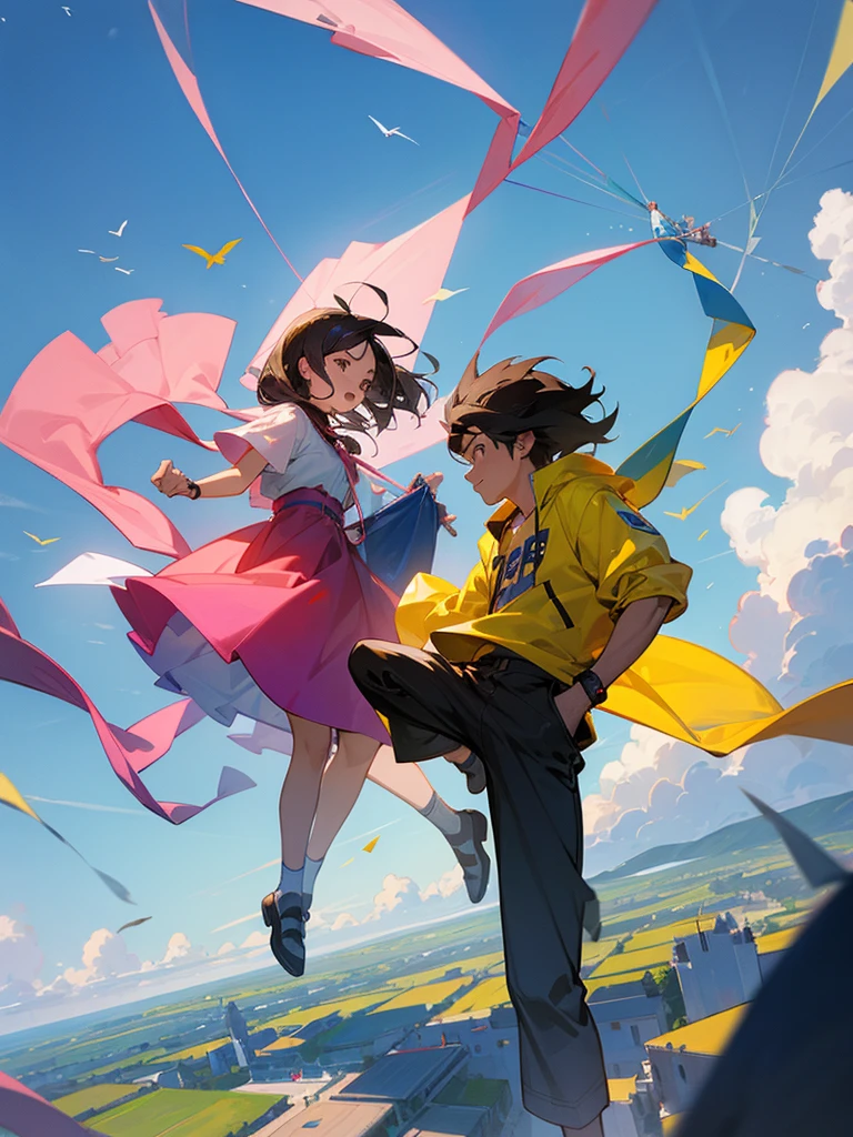 A hd gfx of an 18 year old young girl and a young man flying a kite together