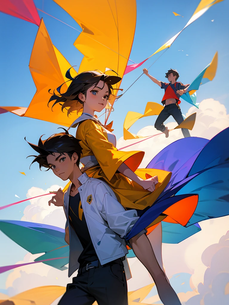 A hd gfx of an 18 year old young girl and a young man flying a kite together