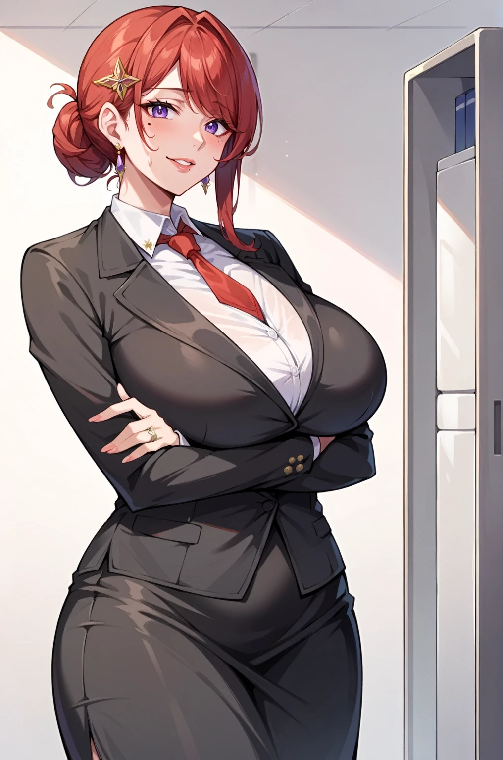 score_9, score_8_up, score_7_up, score_6_up, score_5_up, score_4_up, source_anime, BREAK, lady, mature woman, hung outfit, jewelry, solo, mole under eye, mole, hair bun, single hair bun, red necktie, ring, earrings, crossed arms, shirt, sweatdrop, jacket, collared shirt, formal, long skirt, thighs splits, hair ornament, bangs, swept bangs, red hair, purple eyes, black jacket, expressive, dynamic, thick full parted lips, pouted lips, seductive, alluring, sexy, embarrassed smile, ((huge breasts)), wide hips, hard erected pointing up futa, ((long erection)), futa expansion, detailed eyes, detailed background, masterpiece, full body, ((office room)),  