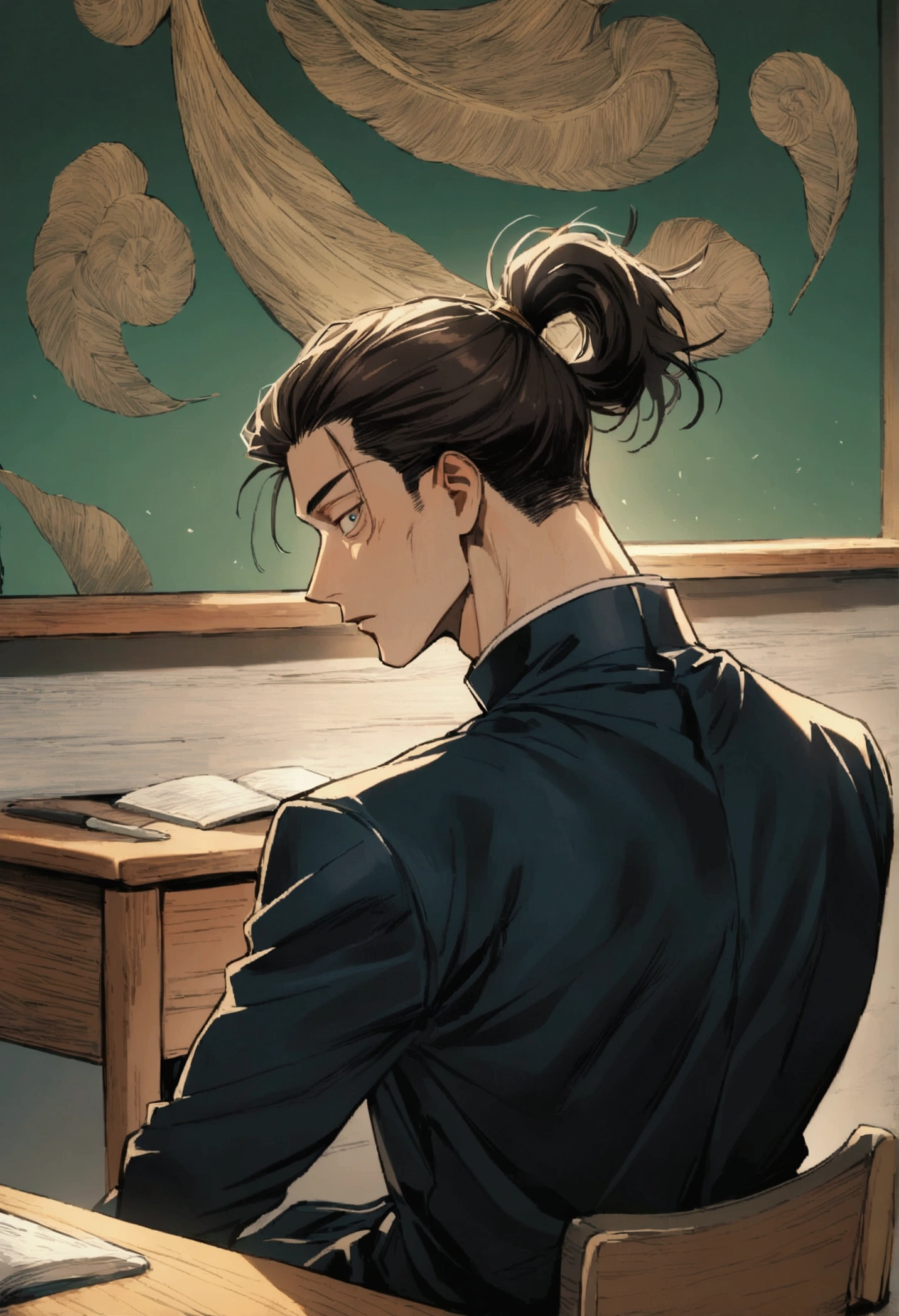 (1 guy,jujutsu kaisen), young looking man, very curly dark brown hair with a long ponytail in the back barely visible from the right side of his head, sitting in a desk and infront of a desk, facing viewer, artwork