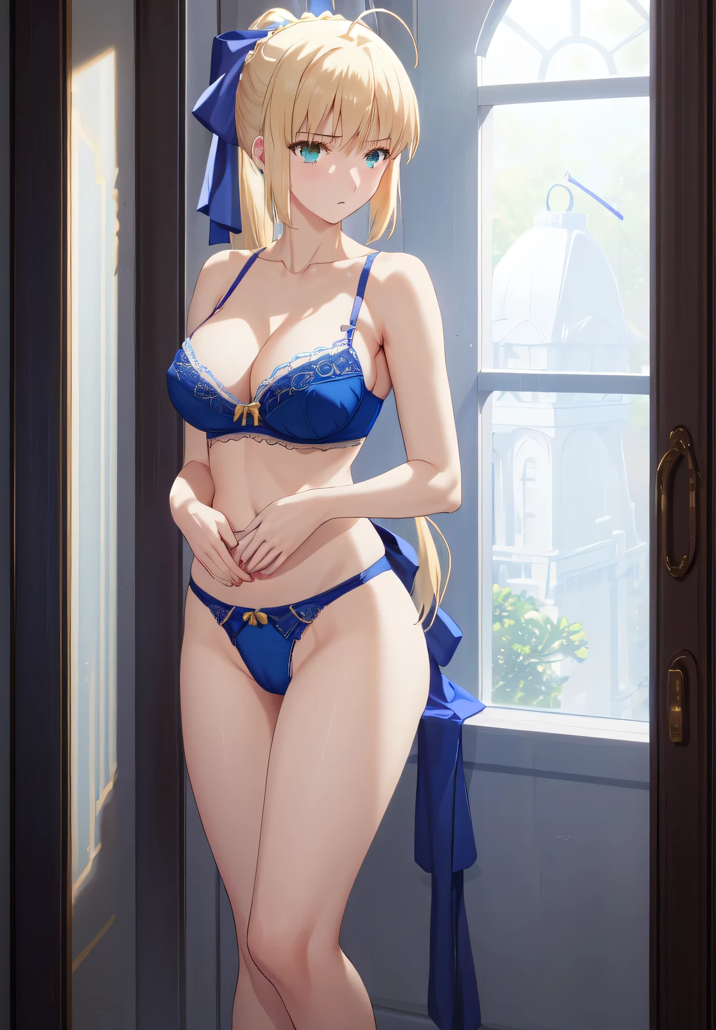 masterpiece、Highest quality、High resolution、ph saver、ph Artoria、Anime Women、solo、bionde、Green Eyes、braided ponytail、bangs、blue bow in hair、Blue bra、Blue Panties、Big Breasts、cleavage、A woman with very large breasts、collarbone、Hair Bun、bra with an blue、panty with an blue、Upper Body、blue bra with a yellow lace trim and blue panty with a yellow bow、Cowboy Shot、looking at viewer、Are standing、bra and panty only、