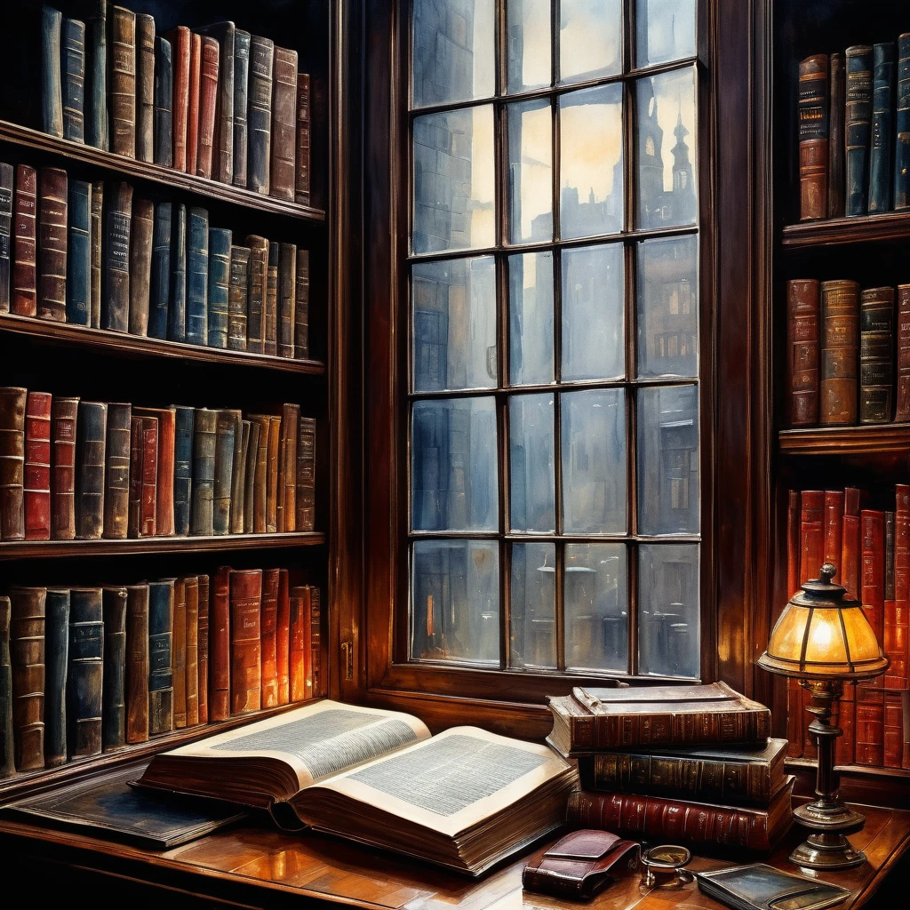 a detailed watercolor illustration of espionage and thriller suspense novels, detailed book covers, leather-bound books, old antique books, library setting, bookshelves, window lighting, dramatic shadows, chiaroscuro lighting, moody atmosphere, realistic textures, intricate details, high resolution, masterpiece