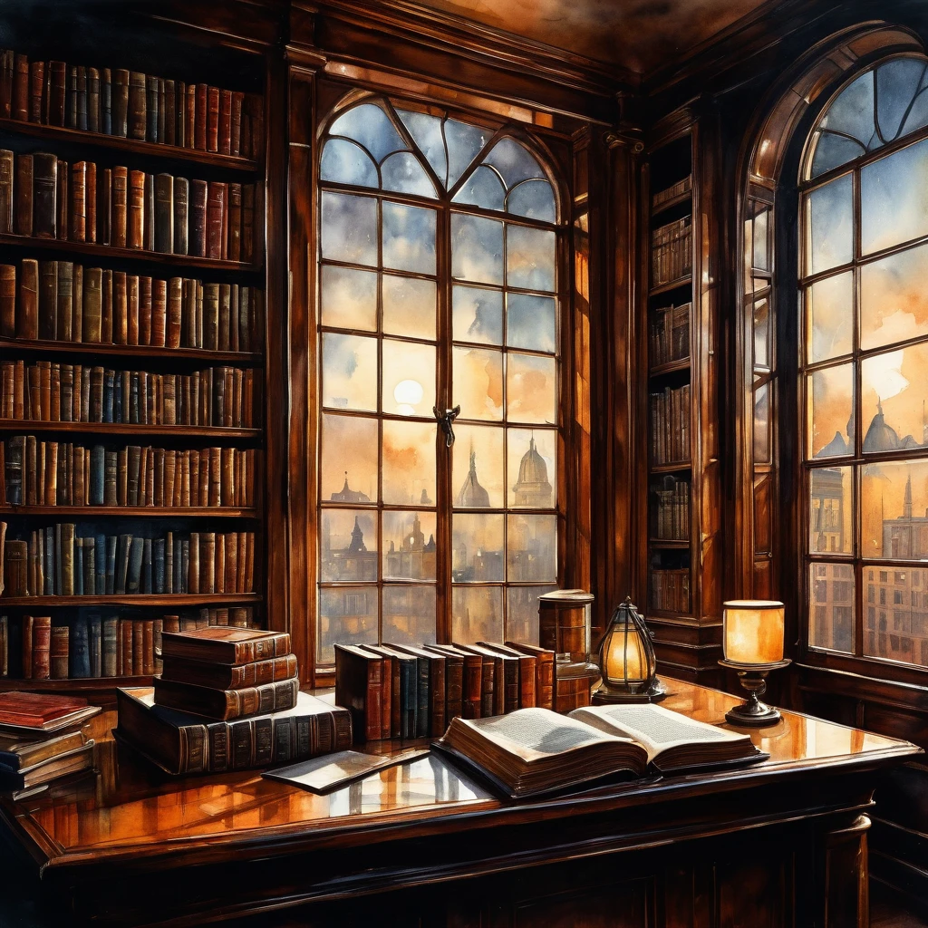 a detailed watercolor illustration of espionage and thriller suspense novels, detailed book covers, leather-bound books, old antique books, library setting, bookshelves, window lighting, dramatic shadows, chiaroscuro lighting, moody atmosphere, realistic textures, intricate details, high resolution, masterpiece