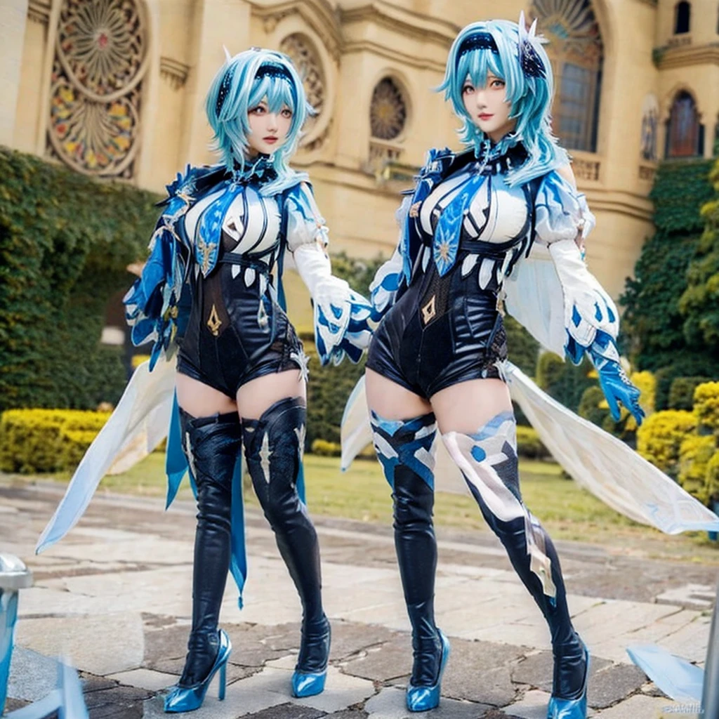 (((best quality, masterpiece, good anatomy))), eula_in_genshin, cowboy shot, 1girl, blue medium hair, black hairband,a leotard with a white top and black bottom, white long sleeves, blue necktie, jewelry on the shoulder, black thighhighs, high heels, full body, ((standing naturally)), outdoors, castle, streets, green plants, flowers,