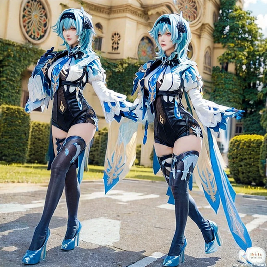 (((best quality, masterpiece, good anatomy))), eula_in_genshin, cowboy shot, 1girl, blue medium hair, black hairband,a leotard with a white top and black bottom, white long sleeves, blue necktie, jewelry on the shoulder, black thighhighs, high heels, full body, ((standing naturally)), outdoors, castle, streets, green plants, flowers,