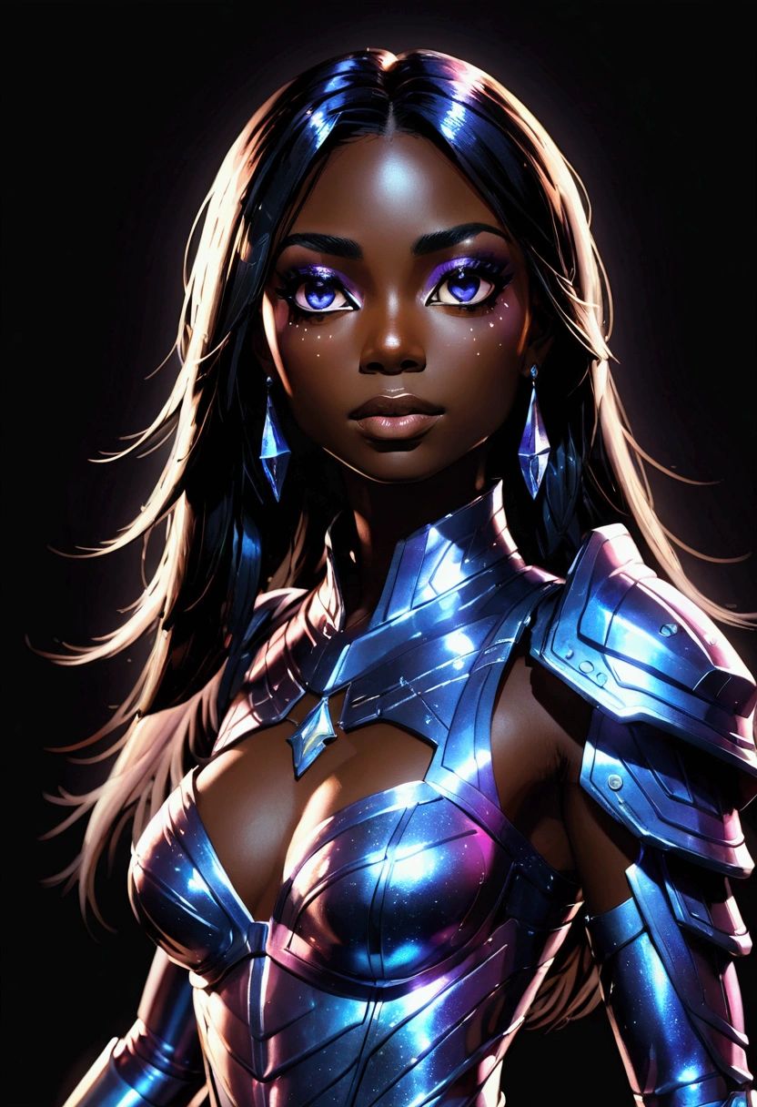 PORTRAIT, a battle angel portrait, beautiful black skin with sparkles and glitter, long long hair, shiny and lightening eyes detailed skin, image is compelling with dynamic composition and energetic posing. Include many fantasy details such as bumps, phantasmal iridescence, glitter, galaxy, cosmos, ((dark celestialskin body, void cosmic body)), (((dark background))), (((lights off))), (((hollywood dark))), horror, dramatic shadows, (in a dark fantasy space:1.3, glitter, sparkle, gleam) vector digital illustration, (black background:1.5)sharp