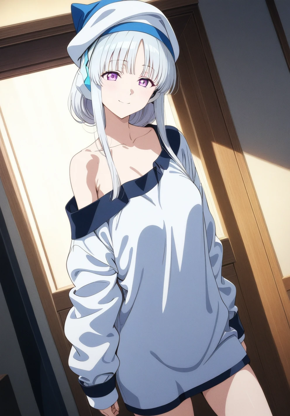 best quality, amazing quality, very aesthetic, absurdres, (1girl, noa, blue archive, solo, purpel eyes, white hair, big breasts), (realistic face:0.9),(oversized clothes:1.8), (smile, night cap, thigh:1.3), (cowboy shot), (glowing eyes), (half closed eyes:0.9), (from above:0.5), (official art:1.3), (high angle), expressive eyes, perfect face, 4k, extremely detailed anime illustration, extremely detailed eyes, perfect anatomy, light rays, extremely delicate body, smooth skin, (bedroom background:1.5), clear eyes, beautiful face, small breasts,(anime style:1.7), (Warm Light:1.5), (highres:2),