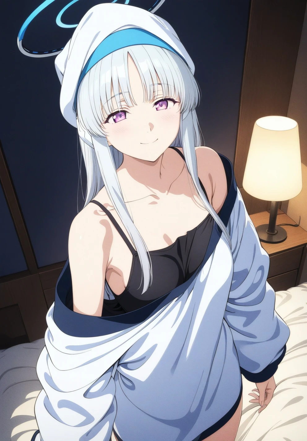 best quality, amazing quality, very aesthetic, absurdres, (1girl, noa, blue archive, solo, purpel eyes, white hair, big breasts), (realistic face:0.9),(oversized clothes:1.8), (smile, night cap, thigh:1.3), (cowboy shot), (glowing eyes), (half closed eyes:0.9), (from above:0.5), (official art:1.3), (high angle), expressive eyes, perfect face, 4k, extremely detailed anime illustration, extremely detailed eyes, perfect anatomy, light rays, extremely delicate body, smooth skin, (bedroom background:1.5), clear eyes, beautiful face, small breasts,(anime style:1.7), (Warm Light:1.5), (highres:2),