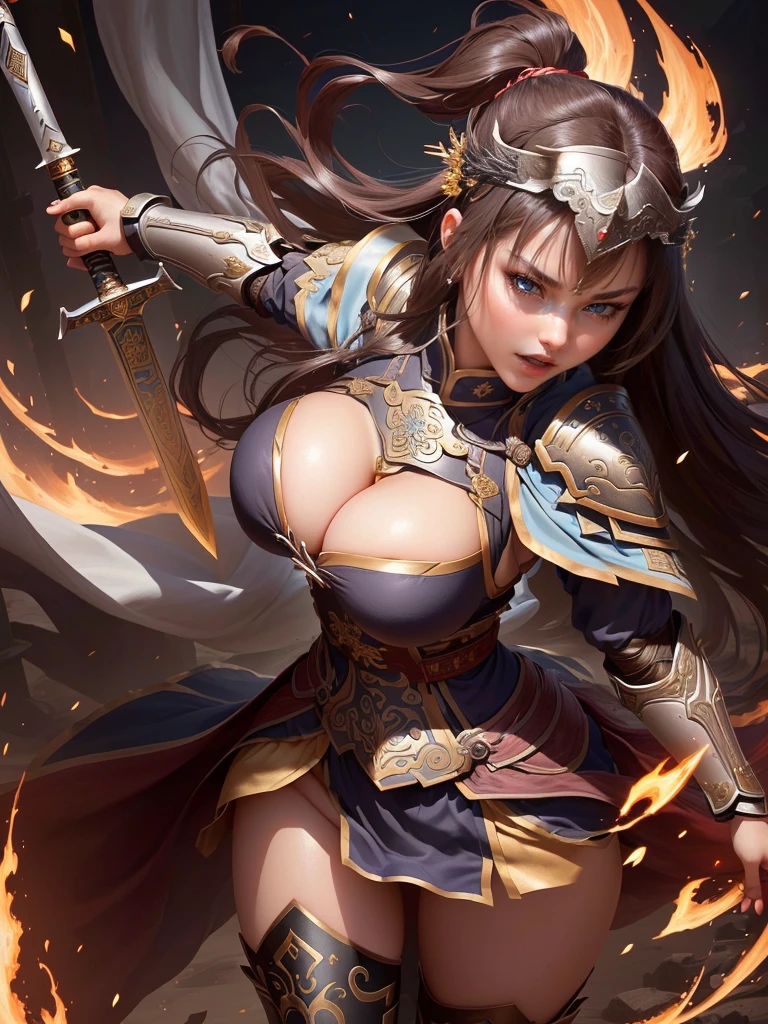 a close up of a woman in armor holding a sword, inspired by Ju Lian, inspired by Li Mei-shu, yun ling, g liulian art style, by Yang J, bian lian, xianxia hero, inspired by Pu Hua, inspired by Guo Chun, by Qu Leilei, yang qi, inspired by Lan Ying, inspired by Li Tang,  Saggy breasts, Gravity-dependent breasts, long chest, Heavy chest, disproportionate breasts, huge breasts, sagging breasts, gigantic breasts, angry, shout, open your mouth wide, open your eyes wide, 