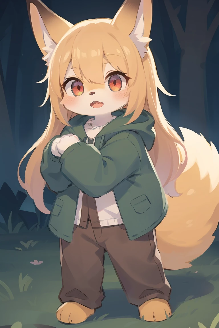 flat color, shota the fox, , was hairy, shaggy, skin fur, smooth lashes, golden fur, forelimb hands, straight long blonde hair, solid circle eyes, golden ears, golden fur, golden facial fur, shiny hair, red eyes, super cute face, 1fox tail, fluffy tail, furry tail, glowing eyes, green coat green hood down, brown trousers, open mouth, full body, ambient light, ultra-fine fur, dashed eyes, masterpiece, high quality, high-details, best quality, (solo)