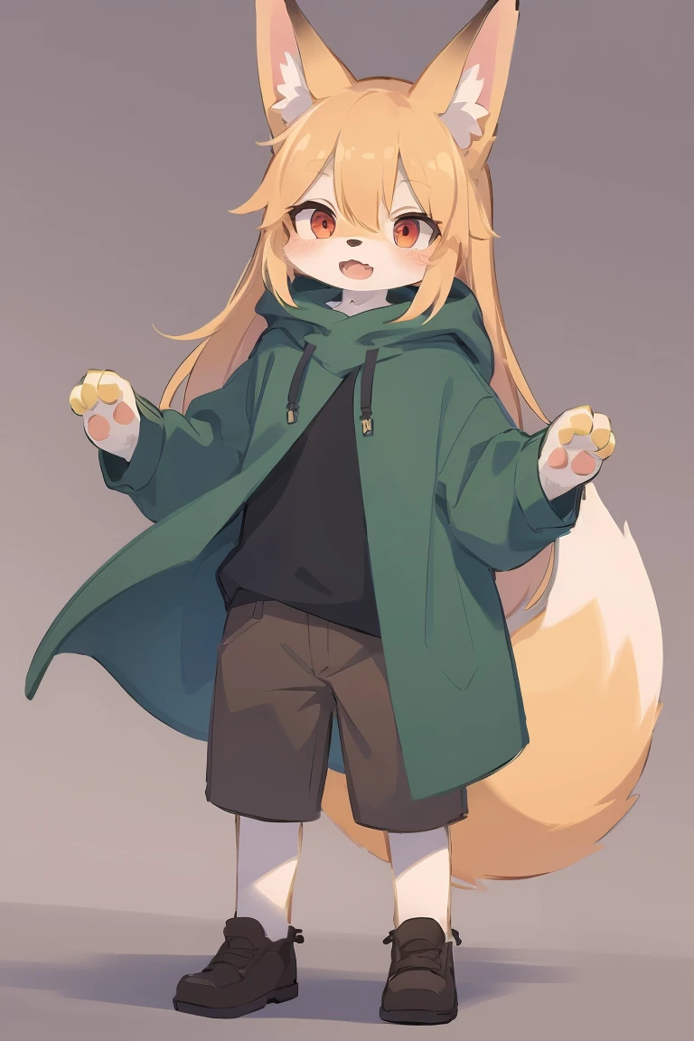 flat color, shota the fox, , was hairy, shaggy, skin fur, smooth lashes, golden fur, forelimb hands, straight long blonde hair, solid circle eyes, golden ears, golden fur, golden facial fur, shiny hair, red eyes, super cute face, 1fox tail, fluffy tail, furry tail, glowing eyes, green coat green hood down, brown trousers, open mouth, full body, ambient light, ultra-fine fur, dashed eyes, masterpiece, high quality, high-details, best quality, (solo)