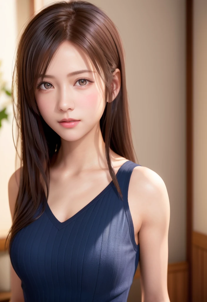 8K, of the highest quality, masutepiece:1.2), (Realistic, Photorealsitic:1.37), of the highest quality, masutepiece, Beautiful young woman, Pensive expression,、A charming、and an inviting look, Cute Maid Clothes, Hair tied back, Cinematic background, Light skin tone