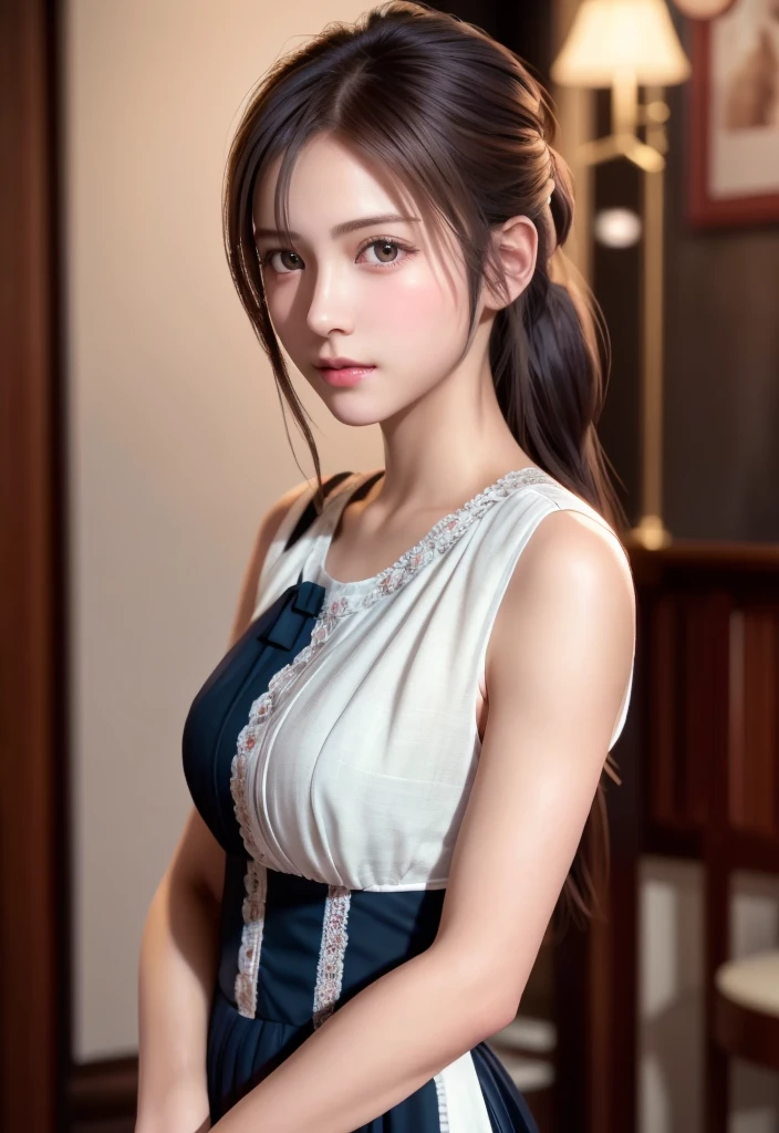 8K, of the highest quality, masutepiece:1.2), (Realistic, Photorealsitic:1.37), of the highest quality, masutepiece, Beautiful young woman, Pensive expression,、A charming、and an inviting look, Cute Maid Clothes, Hair tied back, Cinematic background, Light skin tone