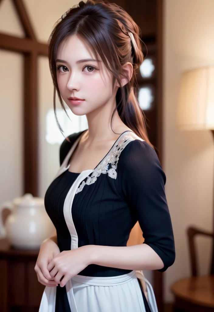 8K, of the highest quality, masutepiece:1.2), (Realistic, Photorealsitic:1.37), of the highest quality, masutepiece, Beautiful young woman, Pensive expression,、A charming、and an inviting look, Cute Maid Clothes, Hair tied back, Cinematic background, Light skin tone