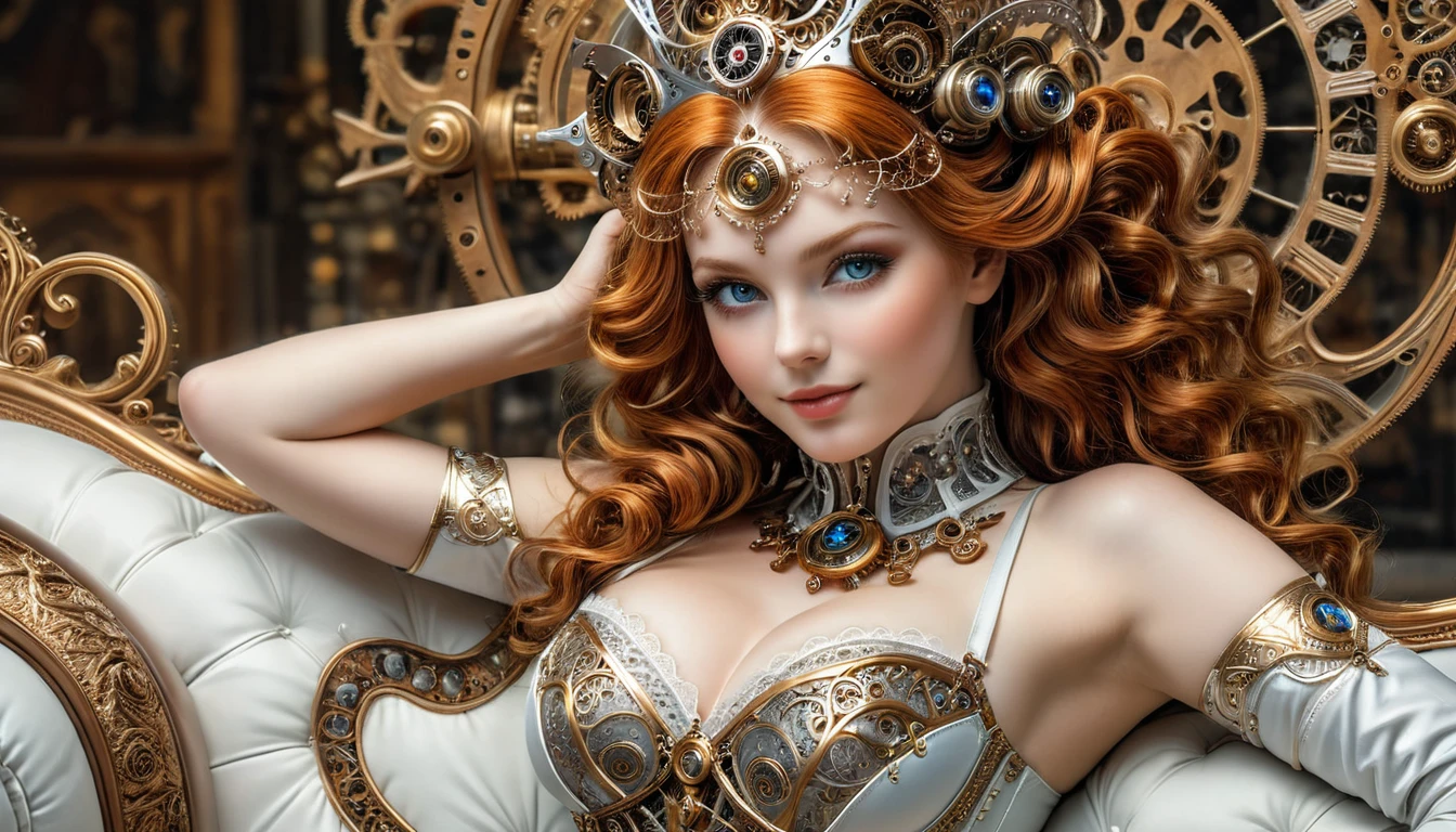 photo, 8k ((surréaliste)) statue d'une sublime femme rousse Steampunk en marbre blanc alangui sur un sofa complexe, plan large, corps entier, souriante et radieuse, bustier étroit incrusté de fines dentelles techniques complexe fractal, bustier effet push-up, complexe, élégante et sensuelle, yeux sublime et intenses, yeux très détaillés, très détaillé, majestueuse, digital photography, art by artgerm and ruan jia and greg rutkowski surréaliste painting gold and silver filigree, (cheveux très long), verre brisé, (chef-d'oeuvre artistique, Éclairage latéral, HDR, Réaliste, HD), sublime grosse poitrine push-up,