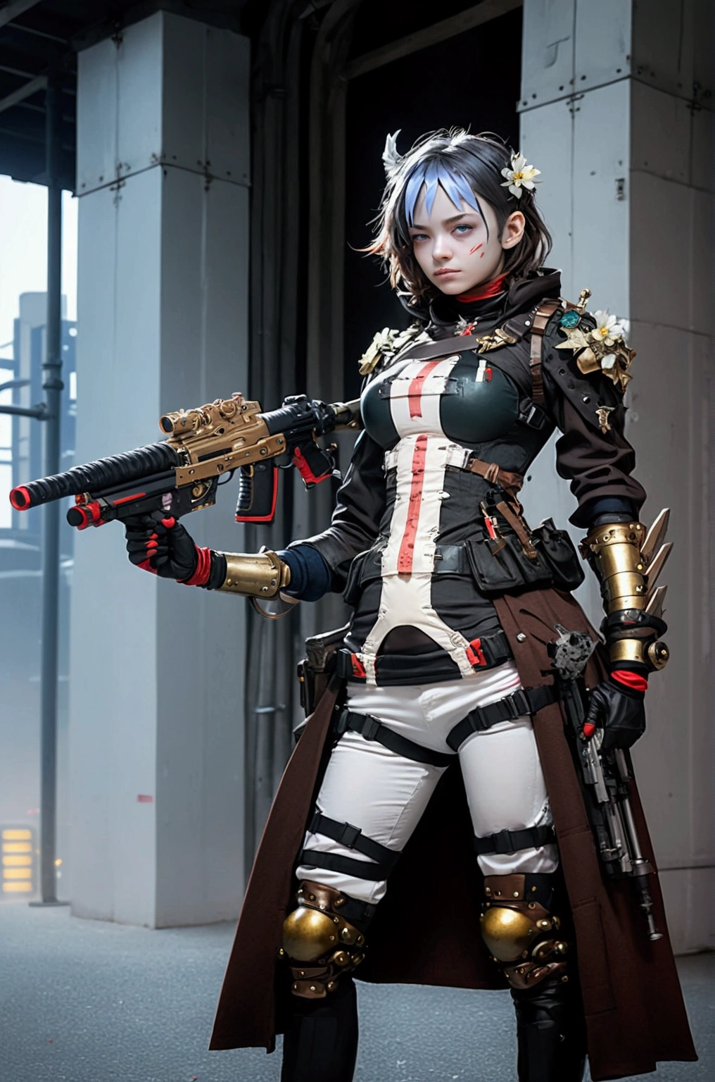 Full-length portrait of a woman,Dark fantasy,main character,Character visuals,Mechanical rifle,Mechanical Backpack