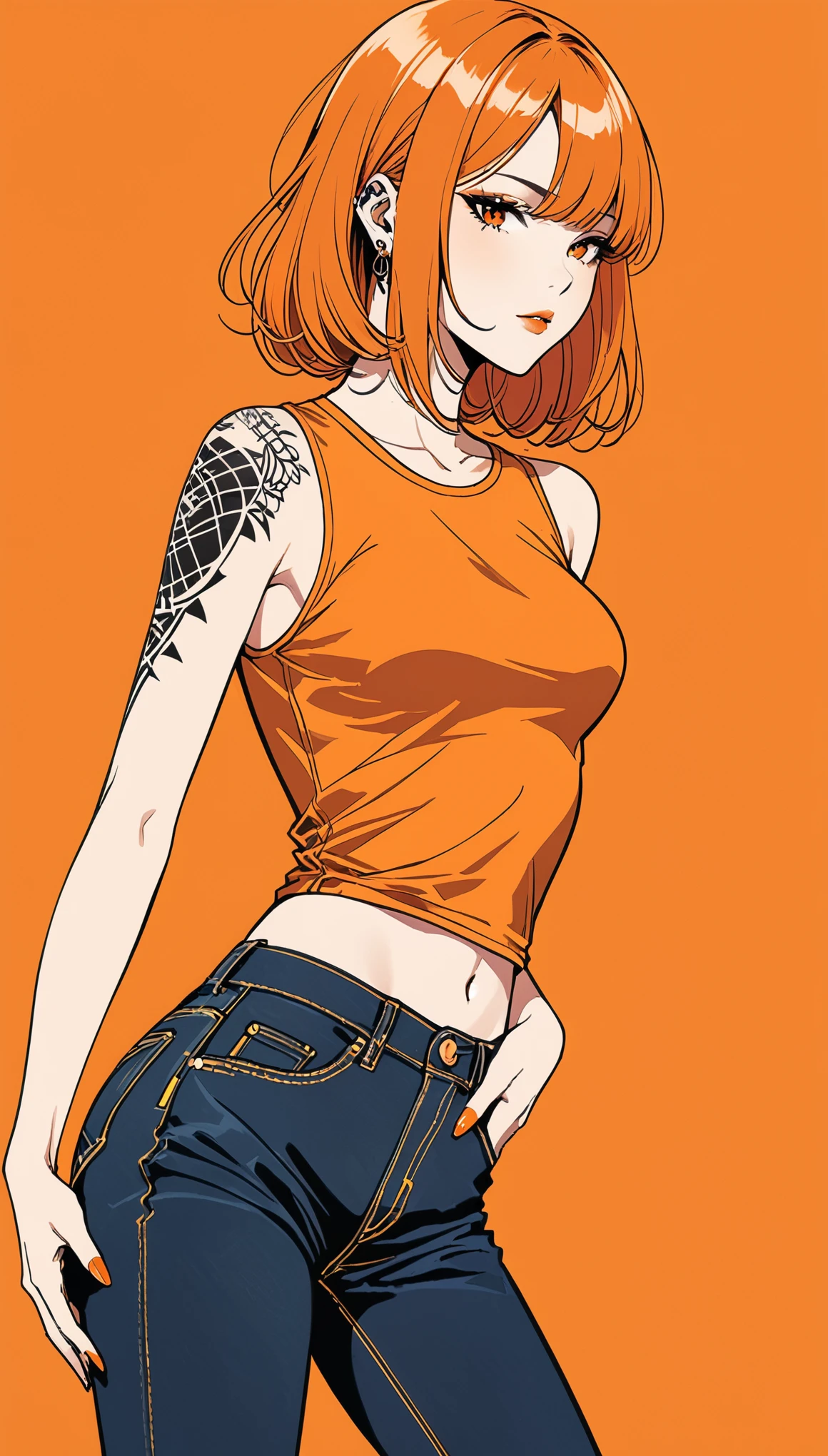 in style of Kilian Eng,Minimalist Lines and Shapes,(Tattoo Designs),closeup,1girl,独奏,Orange background,Plaid sleeveless bodysuit T-shirt,jeans,Lean forward,Standing,1 hand supports the leg,The other hand is behind his back,looking at viewer,Long orange hair,Simple style,