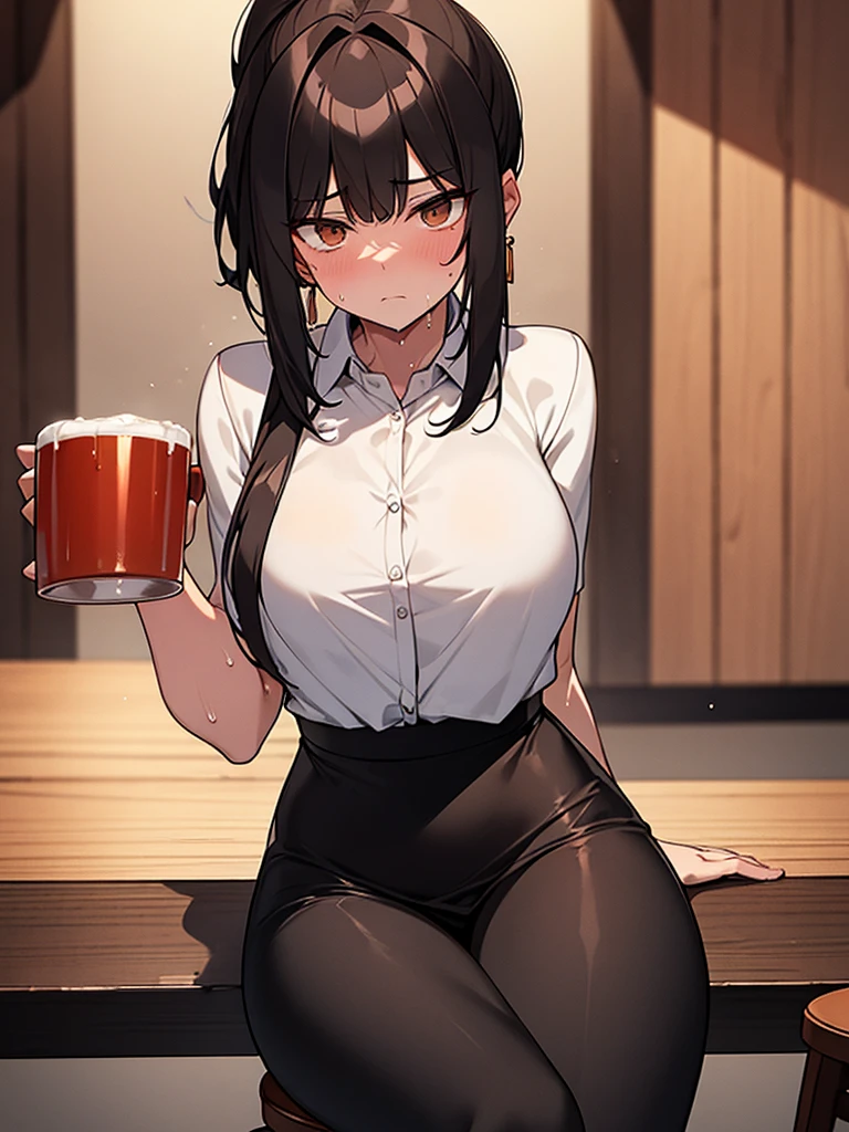 akeno,sits by the table, detailed face, detailed eyes,sexy, large breasts,sfw,high res,high quality, masterpiece,black shiny heels, black pantyhose, black skirt,white shirt, black jacket,red tie, crossed legs,sperm on legs, innocently drinking tea,drinking tea