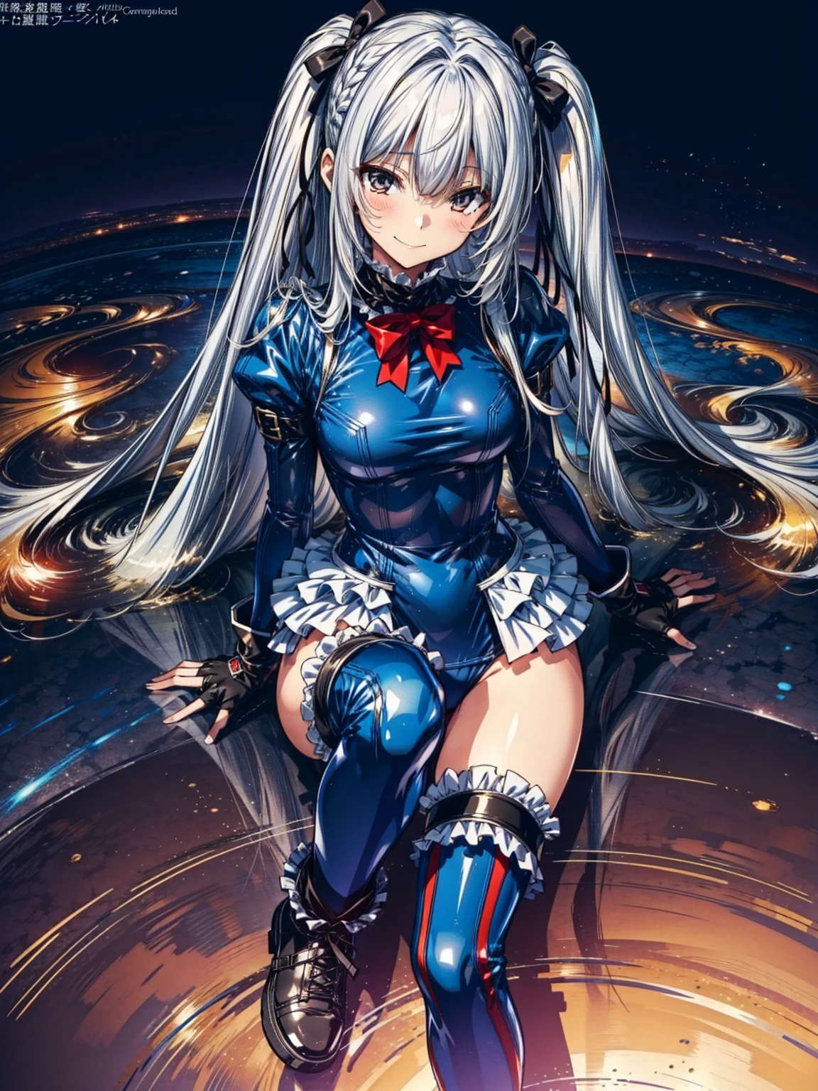 Masterpiece, Very detailed, Highest quality, Sharp focus, 12k, ultra hi resolution picture, big ,12k,Perfect Anatomy, Highest quality, Marie Rose,Wicked Smile,Provocative attitude
,,Wicked Smile,Anime Style,(Ruffled swimsuit, Knee socks, Removed sleeve), (Anime Style:1.4) ,
,(White fingers:1.1,Black gloves),
Hollow Eyes,,One Girl、,(Very long hair:1.6),(whole body:1.3),