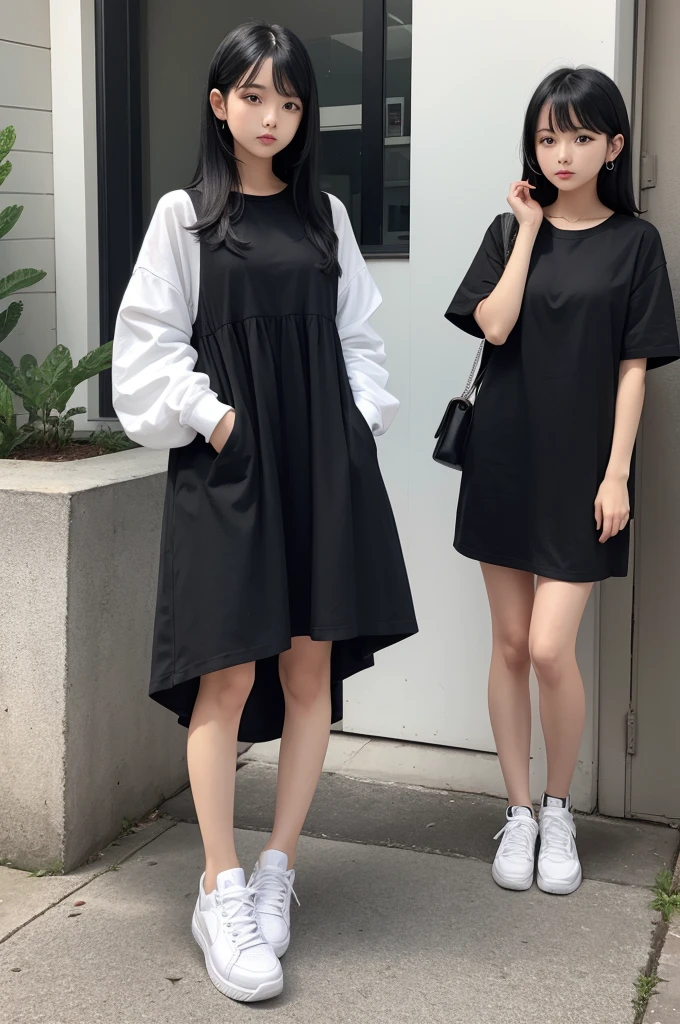 medium black hair 2c black dress and white sneakers
