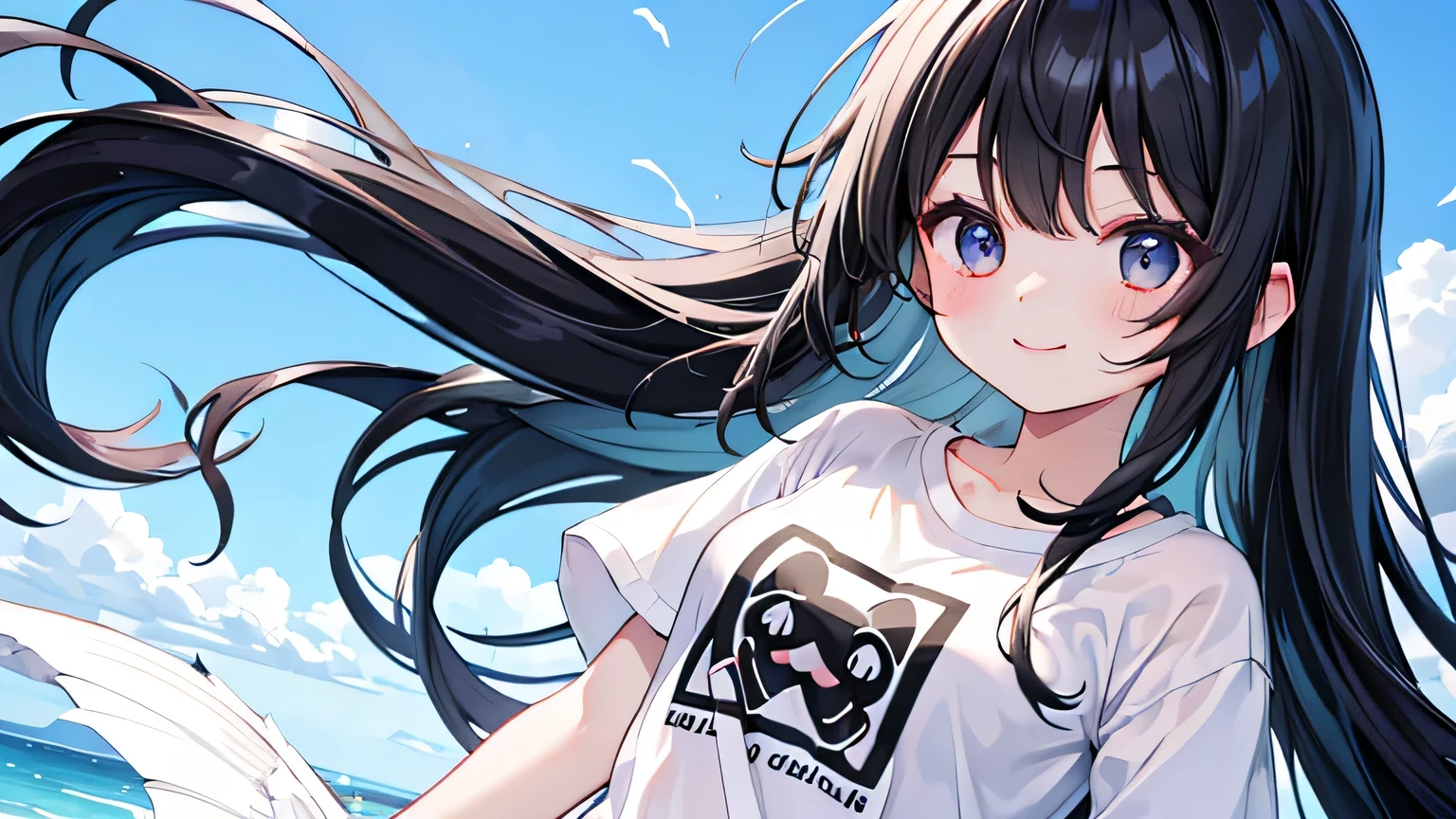 cute、Her long hair fluttering、smile、Black Hair、T-Shirts、Clear、