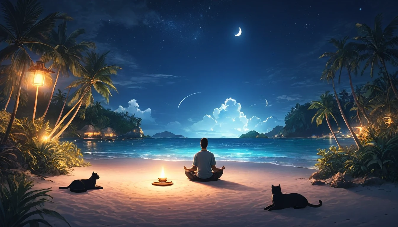 Western person meditating surrounded by 1 cat. The setting is a tropical island. Beautiful landscape with beach on night beach. cinematic lighting. Men chill