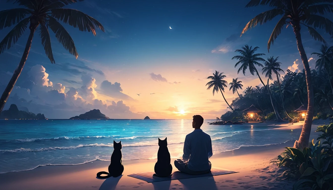 Western person meditating surrounded by 1 cat. The setting is a tropical island. Beautiful landscape with beach on night beach. cinematic lighting. Men chill