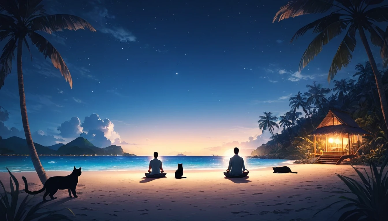 Western person meditating surrounded by 1 cat. The setting is a tropical island. Beautiful landscape with beach on night beach. cinematic lighting. Men chill