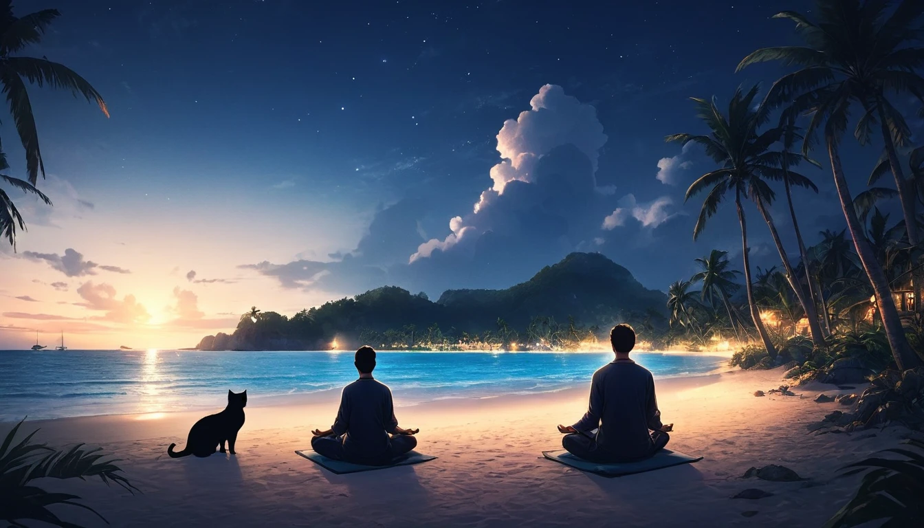 Western person meditating surrounded by 1 cat. The setting is a tropical island. Beautiful landscape with beach on night beach. cinematic lighting. Men chill