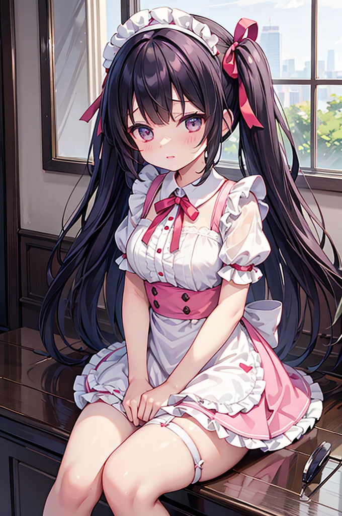Highest quality、Shiny silk short sleeve puff sleeve pink maid outfit、See-through、Very short skirt、Fluffy red ribbon、A short white ruffled apron、White garter belt with ribbon、Pink high heels with ribbon、Large headband with ribbon、Flushed Cheeks、Embarrassed look、Soaking wet、Strong winds、Overreaching、Facing forward、Looking up from below