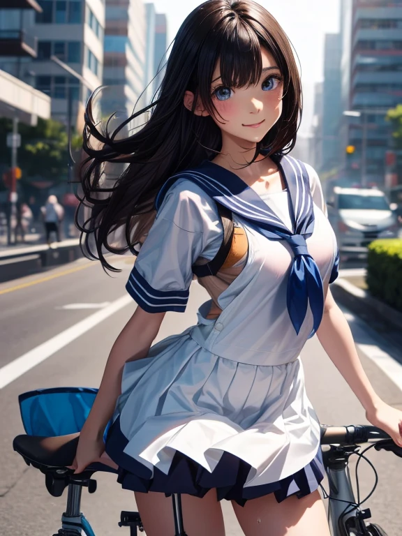 woman,20-year-old,(((Sailor suit))),smile, (See through),blush,(Wet with sweat),Reflecting the buttocks,(((ride a bicycle))),((skirt)), ((skirtは風でめくれている)), (White panties:1.2)、 Beautiful big , Slender body, Highest quality, High resolution, Highly detailed face, Perfect lighting, Highly detailed CG, (Perfect hands, Perfect Anatomy)