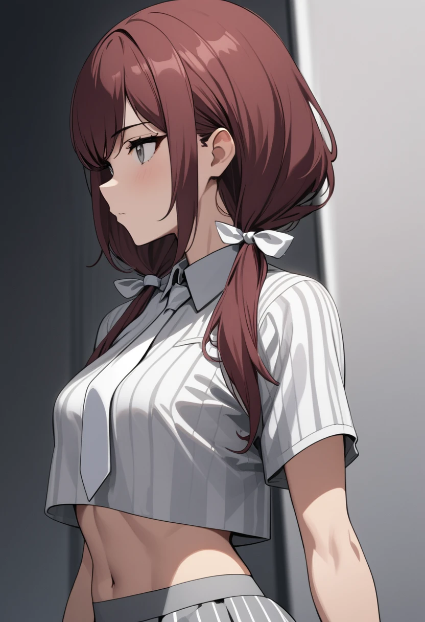 Makima \(Chainsaw Man\), Top Quality, Super Detail, 1 Girl, Solo, Red Hair, Long Braid Hair, Golden Eyes, Bangs, Middle Breast, White Shirt, Tie, Staring, Smile, Look Viewer, Arms Thrown Behind Waist, Venus Pose, Cute Pose, Realistic Drawing