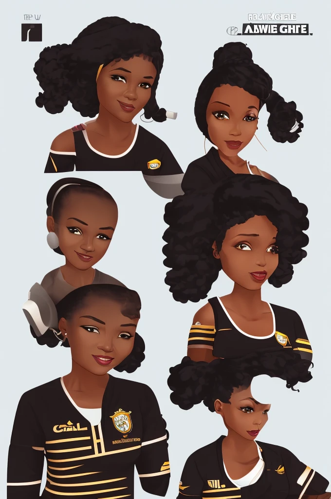 create me a black female character, , no artistic cartoon style, wearing normal clothes and a Brazilian team shirt, with a white background behind