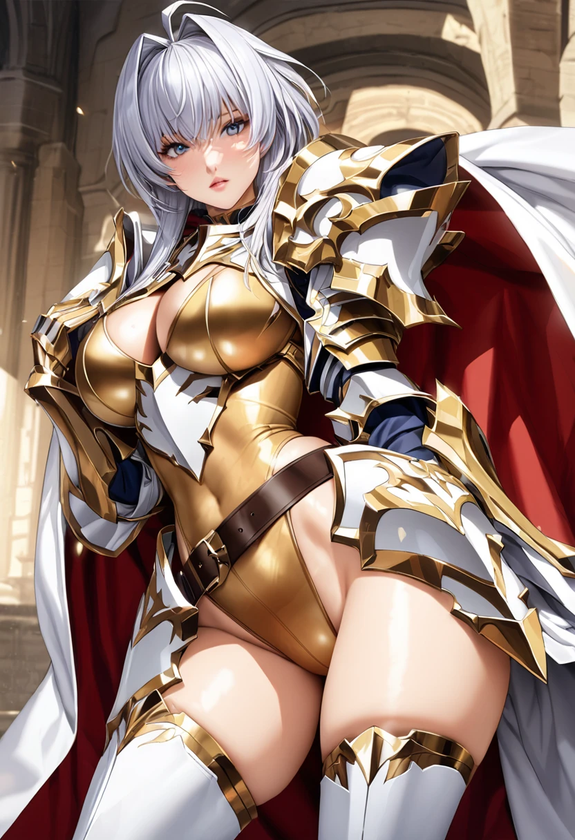 ((highest quality)), ((masterpiece)), ((hyperrealistic)), (detailed background), 1girl, ((curvy: 1.2)), Langrisser, ((gold lamé leotard: 1.5)), ((catsuit)), ((white paladin armor: 1.3)), ((long skirt)), ((armored dress)), cloak de cour, gauntlet, gloves, belt, silver hair, ahoge, (huge breasts), (see-through cleavage cutout), (zettai ryouiki armored thigh high boots), (thighs), beautiful eyes, perfect face, Perfect hands, perfect fingers,