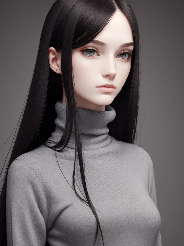 (best quality), 1girl, female, pale skin, (black hair), long hair, straight hair, grey eyes, perfect eyes, slender, tall, turtleneck sweater, stylish, elegant, serious, normal bust, masterpiece, anatomically correct, highres
