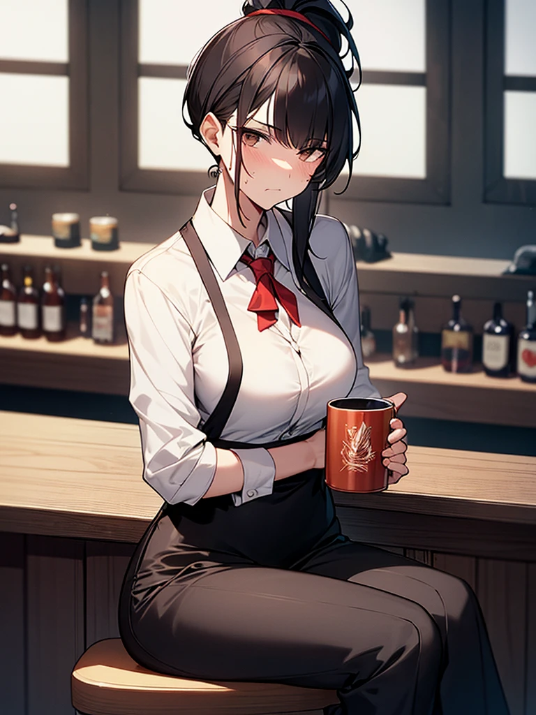 1. Tall woman, bar counter, sitting on wooden chair, gloomy expression, shadow on forehead, drunk, very red face, sweat, rolling eyes, drinking beer from a large mug, black suit, white collared shirt, short black hair, ponytail:1.9 Straight hair, bangs swept to the side:1.9. Slanted eyes, brown eyes, tall, strong-willed, beautiful