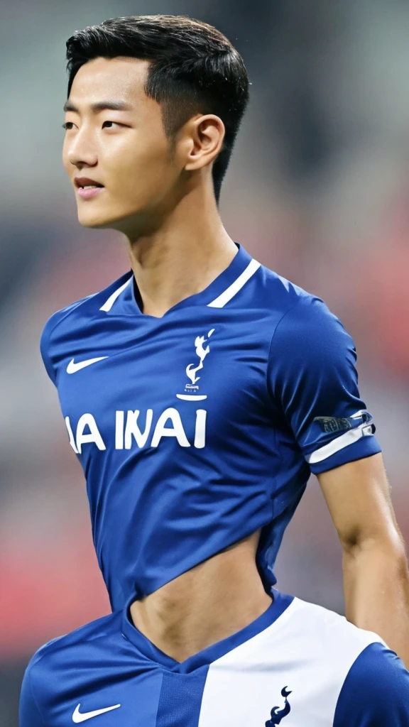 {{{Tottenham Hotspur Logo}}}, {{{The name of the uniform sponsor is AIA}}}, night, light, {{{white nike soccer jersey}}}, {{{best quality}}}, {{{realistic}}}, Detailed facial description, realistic 눈동자, Handsome man, realistic 유니폼 주름